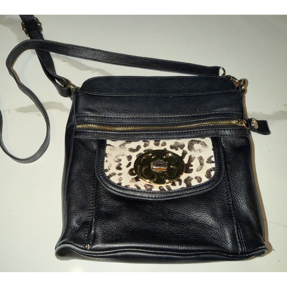 Emma Fox Black Leather Gold Women Crossbody Bag Leopard Calf Hair Floral Accent